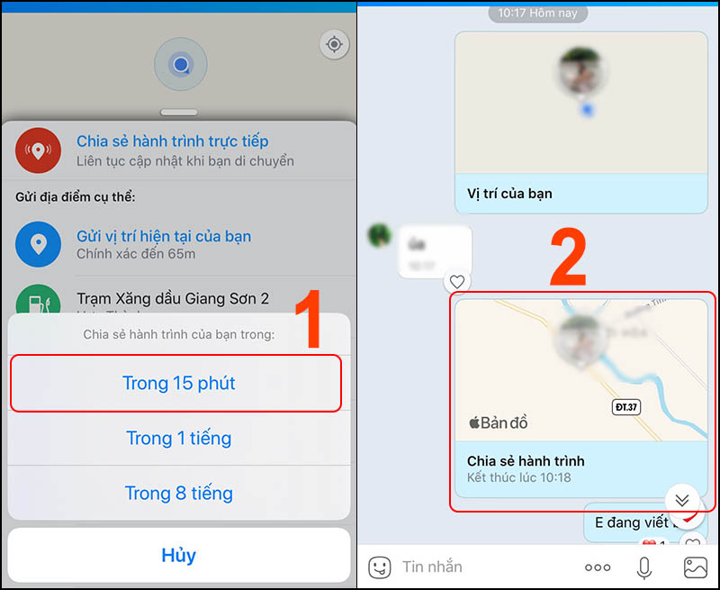 Chọn khoảng thời gian bạn muốn chia sẻ > Sau khi toàn tất, màn hình tin nhắn sẽ hiện ra như hình (2).